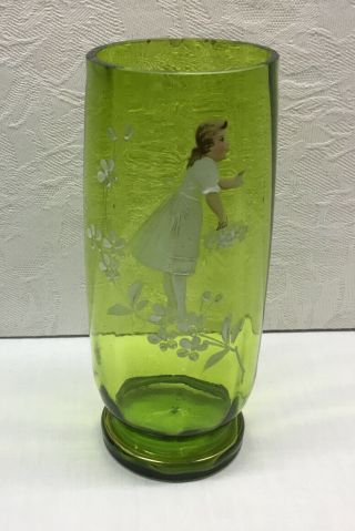 Antique Mary Gregory Green Glass Pedestal Vase - Painting Girl W/basket