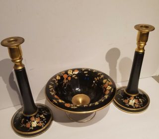 Antique Victorian Hand Painted Glass Candle Sticks & Compote Set.  Gold Leaf.