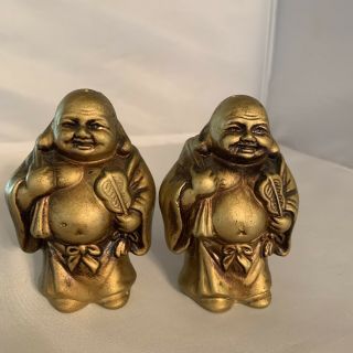 Vintage Japanese Salt & Pepper Shaker Set Fat Happy Buddha Gold Japan Rare