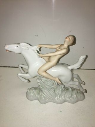 Vtg Wallendorf Nude Lady Riding Horse 9 " Figurine Bisque White Porcelain 1345