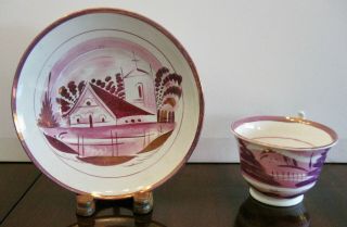 Antique 19thc.  English Staffordshire Pink Luster Tea Cup & Saucer Handpainted