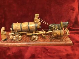 Vintage Wood Carved German Wagon With Horse,  Ox And German Folks