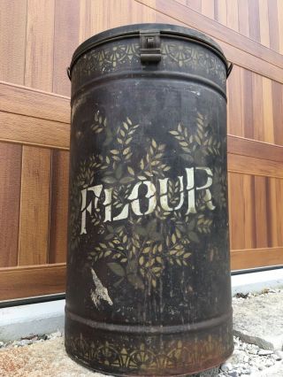 Large Antique Flour Bin General Store Tin Cannister 26.  5” Tall Vintage Metal Can