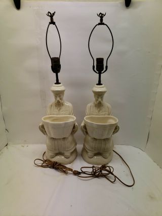 Pair Vintage Asian Man Table Lamps With Baskets