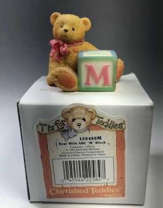 Vintage Cherished Teddies T Is For Teddies Bear With Abc " M " Block W/ Box
