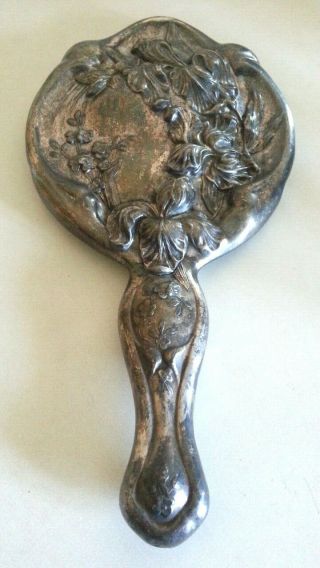 Vintage Art Nouveau Silver - Plated Repousse Hand Mirror With Flower Design