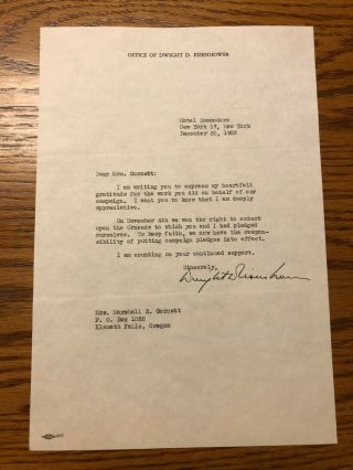 Vintage 12 - 31 - 52 Letter Signed By Dwight D.  Eisenhower On His Office Letterhead