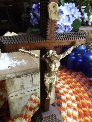 Primitive Antique Early 1900s Wood Tramp Art Standing Crucifix