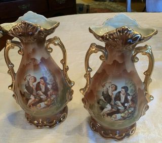 Vintage Pair French Style Spill Vases Hand Painted - Gold Gilt - 11.  25 Tall - Gvc