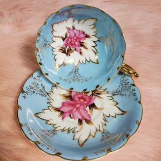 Vtg Royal Sealy China Japan Tea Cup And Saucer blue with flowers Rare (C1) 3