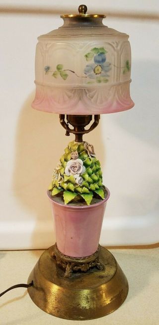 Vintage Pink Roses Table Lamp W/ Reverse Painted Glass Shade Brass Metal Base