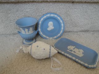 4 Vintage Wedgwood Blue & White Jasper Ware Vase,  Dishes & Christmas Ornament