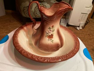 Vintage Ironstone Pitcher And Basin Set - Dusty Rose Floral,