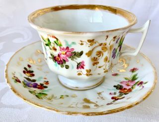 Gorgeous Antique 19th C Paris Porcelain Floral Cup & Saucer C1850