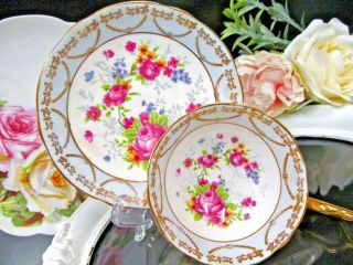 Regency Tea Cup And Saucer Baby Blue Pink Rose Pattern Teacup Floral Band