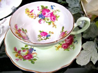 Foley Pretty Tea Cup And Saucer Pale Green Floral Rose Tulip Teacup England 1930