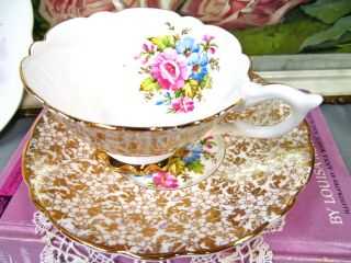 Royal Stafford Tea Cup And Saucer Gold Gilt Chintz Pink Blossom Teacup 1950 