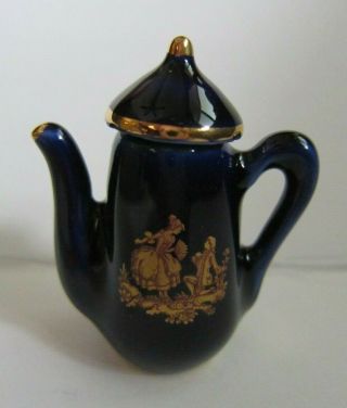 Vintage Limoge Miniature Cobalt Blue Ornate Fragonard Tea Pot With Lid