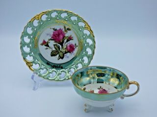 Royal Sealy Japan Lusterware Porcelain 3 Footed Tea Cup & Saucer Open Edges Sage