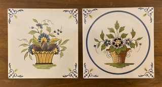 2 Vintage Handpainted French Blue White Floral Porcelain Tiles - 5 1/8 "