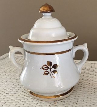 Antique White Ironstone 7.  25” Sugar Jar & Lid Copper Tea Leaf