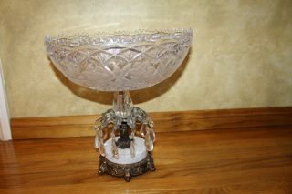 Vintage Crystal Footed Oval Bowl Copper Marble Hanging Crystals Stand