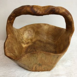 Hand Carved Wooden Bowl With Handle Basket Burl Primitive Rustic D 