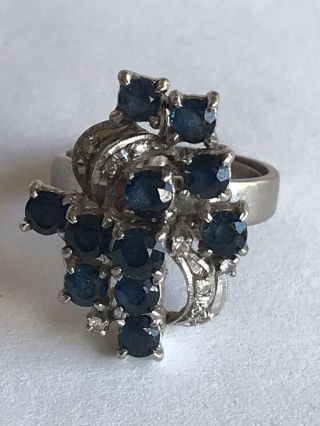 Vintage Estate 14k White Gold Blue Sapphire And Diamond Cluster Ring Size 5.  5