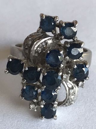 Vintage Estate 14K White Gold Blue Sapphire and Diamond Cluster Ring Size 5.  5 2