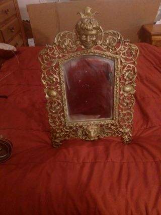 Vintage Cast Metal Gold Painted Art Nouveau Style Table Vanity Mirror 22 " X 14 "