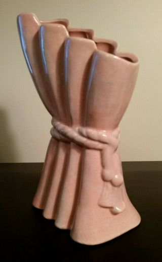 Vintage Gonder Art Pottery Vase H605,  Usa Made,  Rope Tie,  Pink Wblue Accent