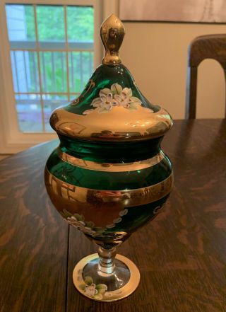 Antique Victorian Glass Green Floral Hand Painted Candy Dish W/lid