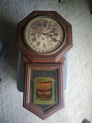 Vintage Buckeye Malt Syrup Label 32 " Regulator Calendar Wall Clock W/ Key