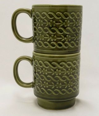 Vintage Stacking Mugs Cups Avocado Green Rope Flower Pattern 1970 
