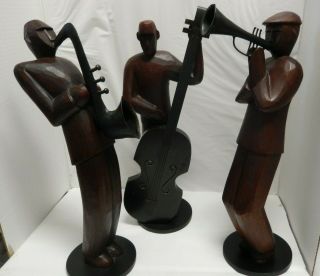 Set Of 3 Wooden Jazz Musician Hand Carved Teak Wood Figurines W/ Instruments 15 "