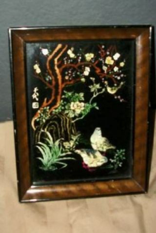 Vintage Chinoiserie Mop Reverse Glass Painting Mother Of Pearl Birds Mid Century