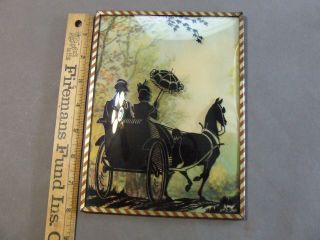 Vintage Concave Glass Reverse Painting Silhouette Picture Victorian Couple Horse