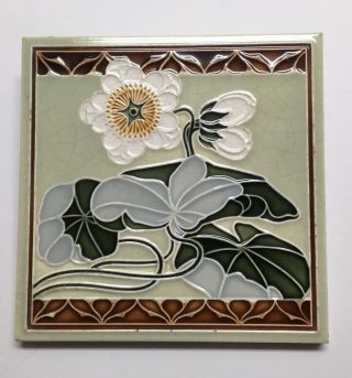 Antique Green & Yellow Arts And Crafts / Art Nouveau Tile Circa 1900