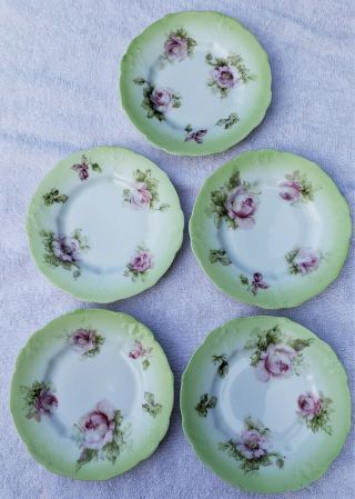 5 Antique Silesia Germany Pink Roses & Green Porcelain Plates