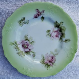5 ANTIQUE SILESIA GERMANY PINK ROSES & GREEN PORCELAIN PLATES 2