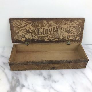 Vintage Pyrography Burnt Wood Dresser Box Gloves Floral Design Motif