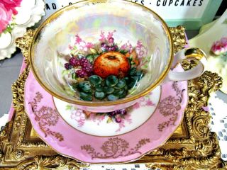 Royal Halsey Tea Cup And Saucer Fruits Pink Gold Gilt Teacup Japan 1930s