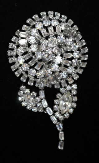 Vintage Large Signed Sherman Flower Brooch - Clear Crystals - - Scarce