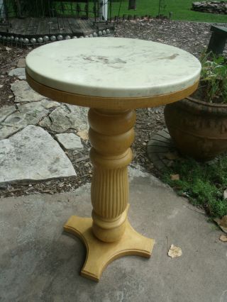 Vintage Marble Top Round Wood Pedestal Accent Plant Side Table Chunky Design
