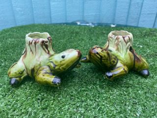 Pair: 19thc Majolica Palissy Decorative Frogs With Candle Holders C1880s