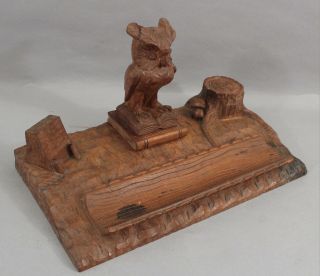 Circa 1900 Antique Hand Carved Walnut Wooden Owl Desk Set Pen Tray Inkwell