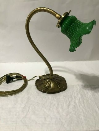 Vintage Cast Brass Goose Neck Lily Pad Table Light Rewired With Green Shade