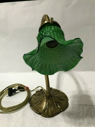 Vintage Cast Brass goose neck Lily pad table light rewired with green shade 3