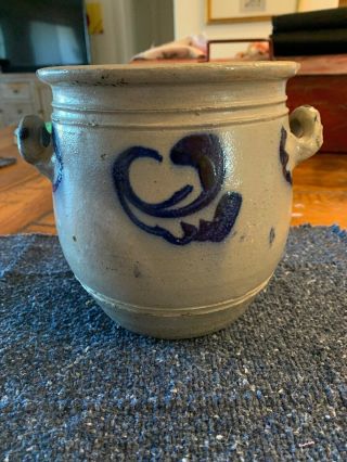 Antique Cobalt Blue Salt Glazed Stoneware Crock Two Handles Storage Jar Pot