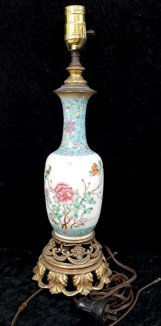Chinese Famille Verte Rose Painted Table Lamp Vase Flowers Vintage Antique C&s